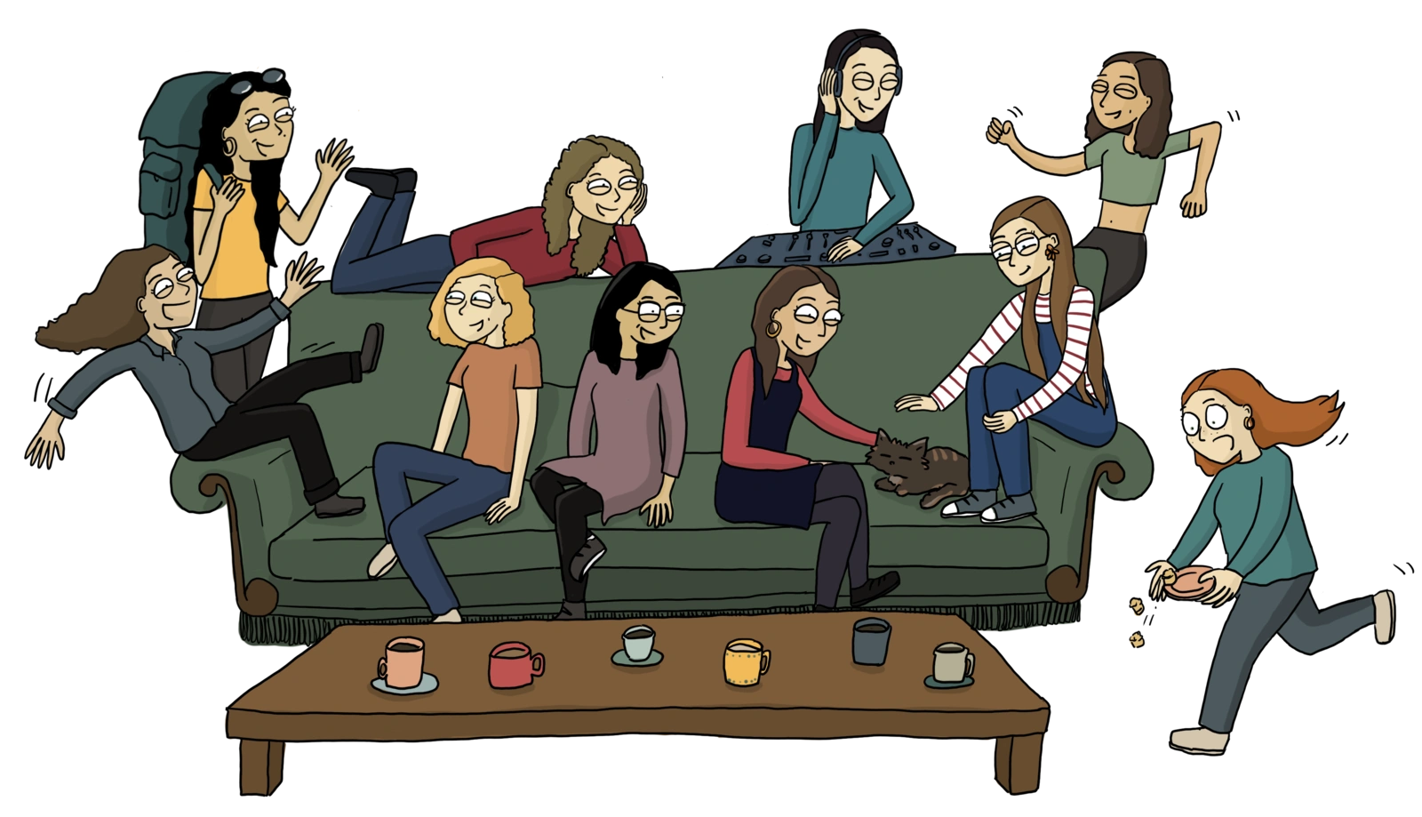 Illustration d'un groupe d'amies réunies sur un canapé autour d'un café
