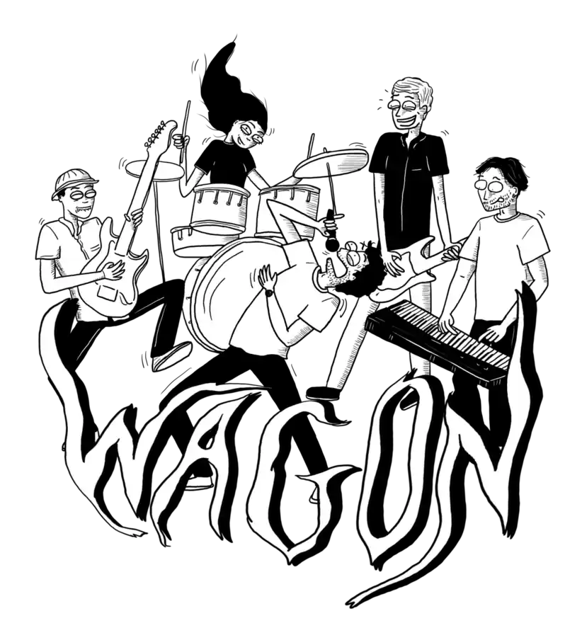 Illustration noir et blanc du groupe de musique Wagon en plein concert