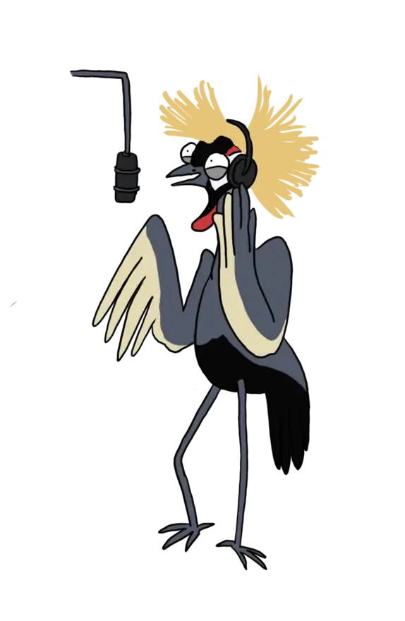 Illustration d'une grue couronnée chantant au micro, casque sur la tête
