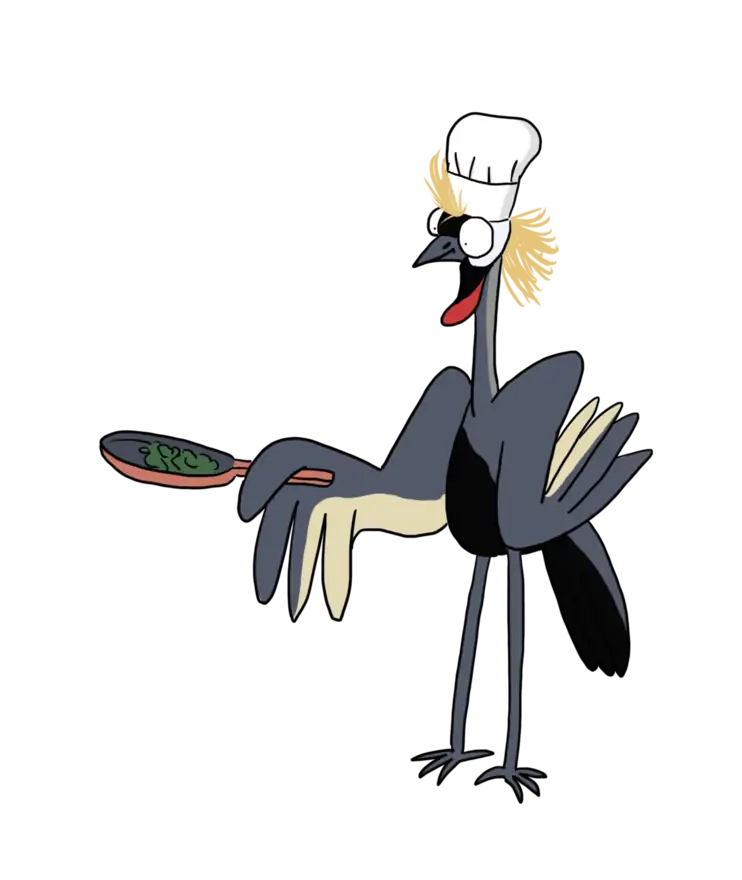 Illustration d'une grue couronnée en toque de chef, poêle à la main