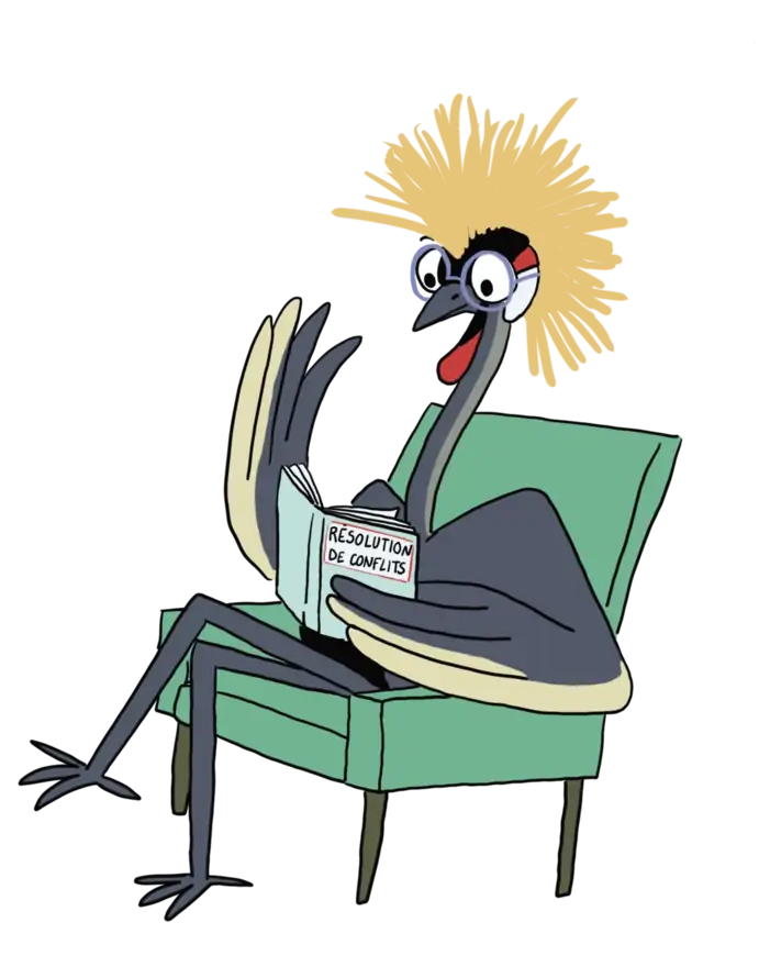 Illustration d'une grue couronnée lisant un livre sur la résolution de conflits