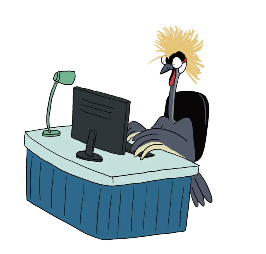Illustration humoristique d'une grue couronnée travaillant à l'ordinateur