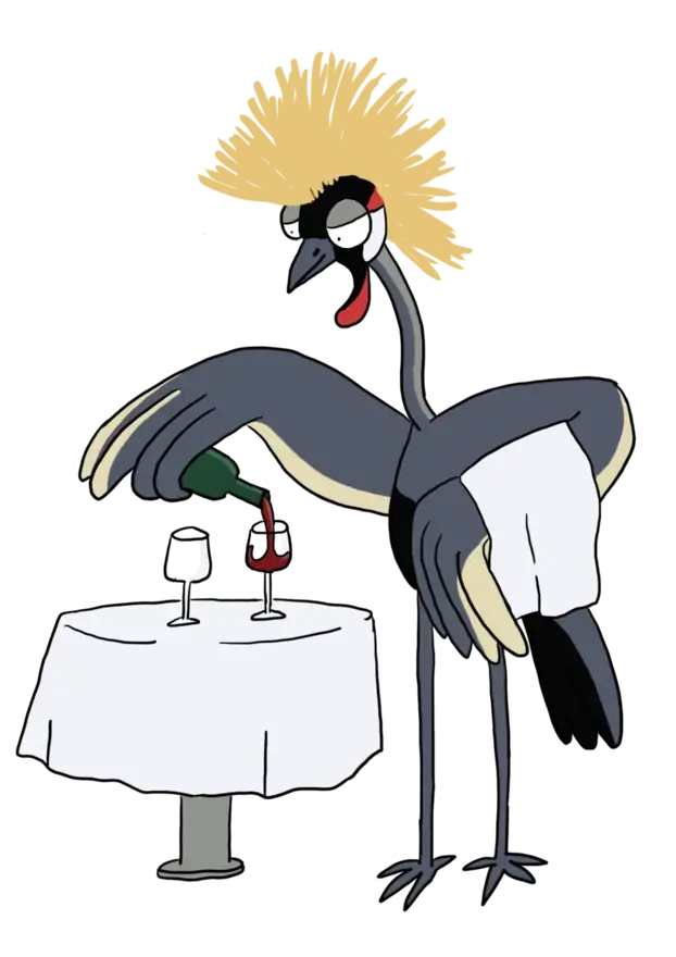 Illustration d'une grue couronnée en serveur versant un verre de vin rouge