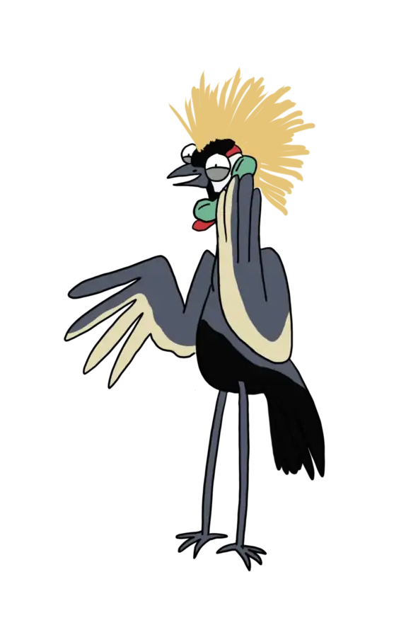 Illustration d'une grue couronnée répondant au téléphone