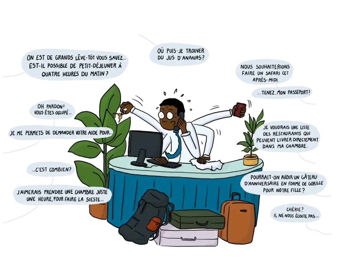 Illustration d'un réceptionniste d'hôtel débordé, assailli de questions de voyageurs